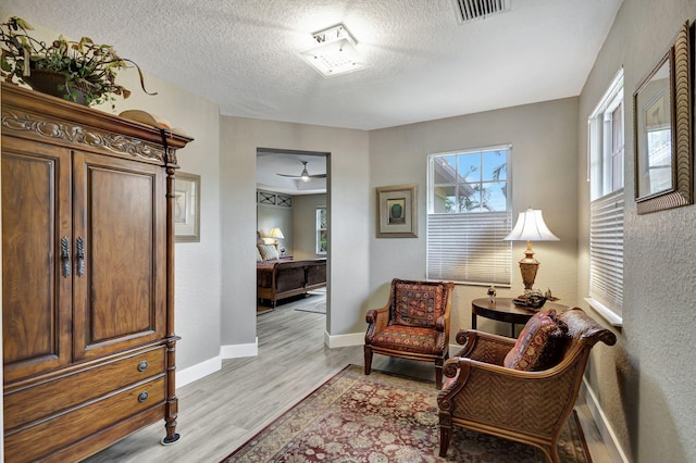 bedroom with light wood-type flooring, a tray ceiling, and ceiling fan