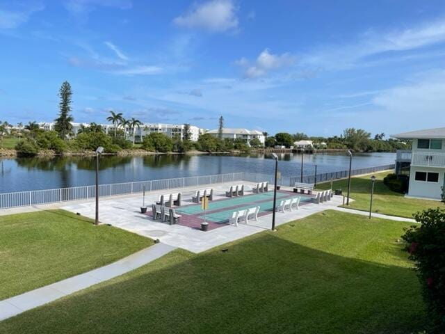 view of property's community featuring a water view and a yard