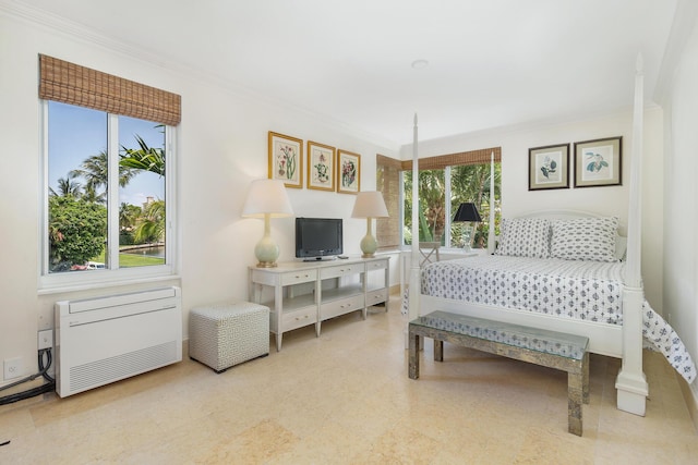 bedroom featuring multiple windows and ornamental molding