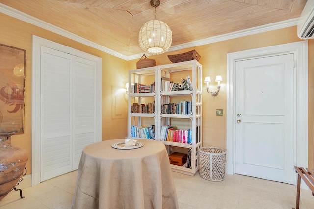 dining room with a wall mounted AC, crown molding, and wood ceiling