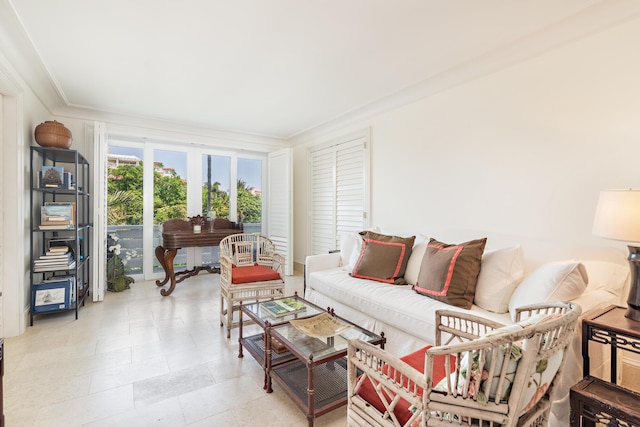 living room featuring crown molding and french doors