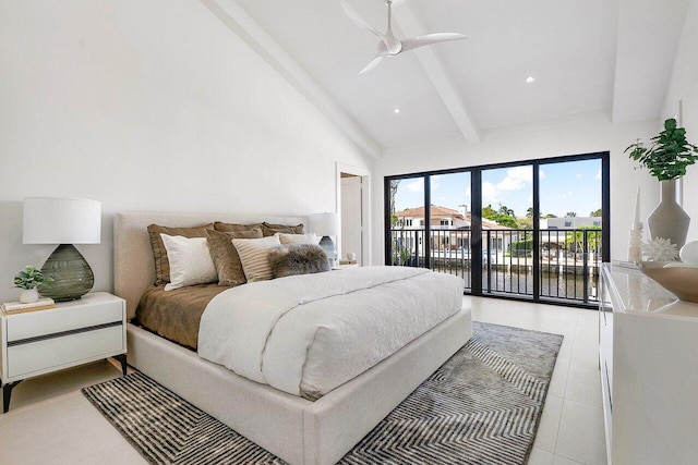 tiled bedroom with beamed ceiling, access to exterior, ceiling fan, and high vaulted ceiling