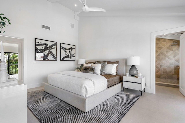 bedroom with high vaulted ceiling, ceiling fan, and access to exterior