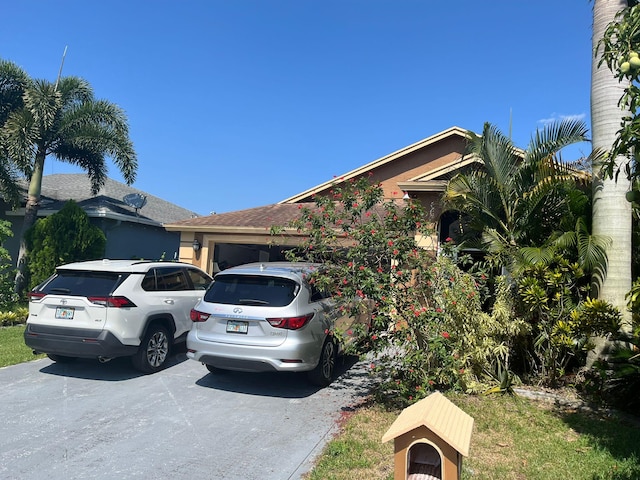 view of property hidden behind natural elements featuring a garage