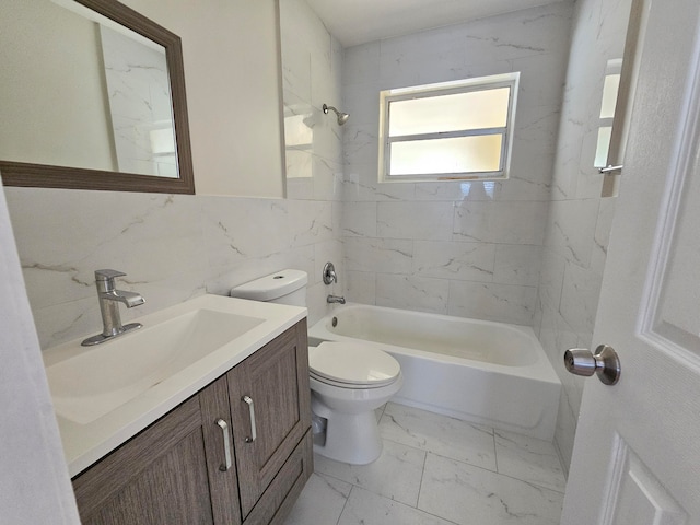 full bathroom with tile flooring, tile walls, toilet, and tiled shower / bath combo