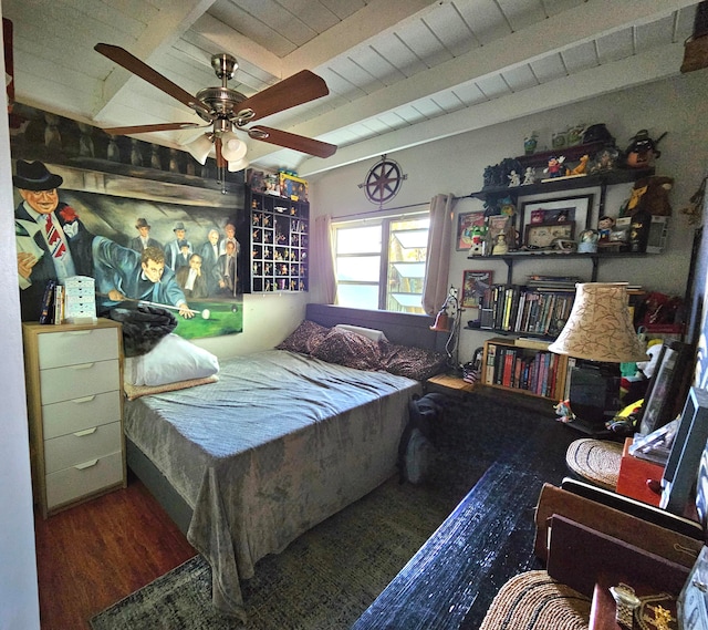 bedroom with beamed ceiling, ceiling fan, and wood-type flooring