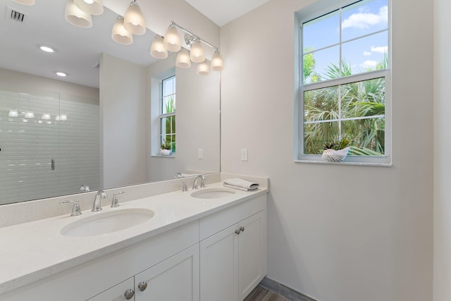 bathroom with vanity and walk in shower