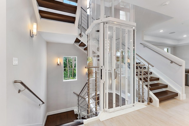 stairway featuring wood-type flooring