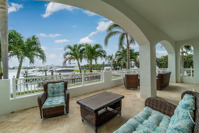 view of patio / terrace with a water view