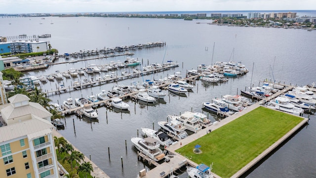 aerial view featuring a water view