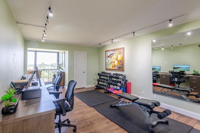 exercise area featuring wood-type flooring and rail lighting