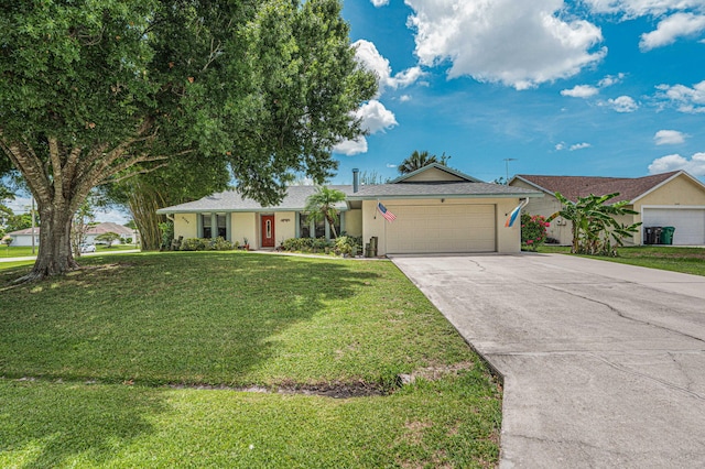 ranch-style home featuring a front yard and a garage