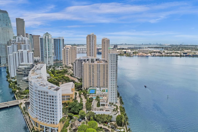 birds eye view of property featuring a water view