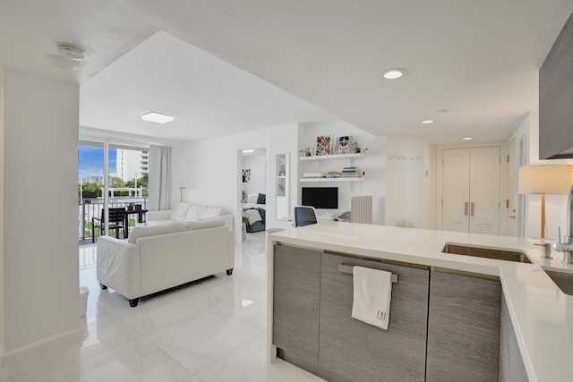 kitchen with expansive windows, sink, and gray cabinetry