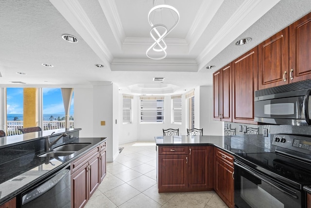 kitchen with a textured ceiling, a raised ceiling, crown molding, sink, and black appliances