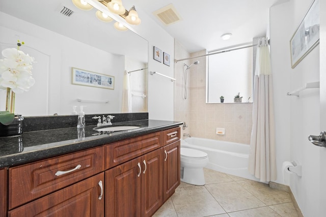 full bathroom with tile patterned flooring, vanity, toilet, and shower / tub combo with curtain