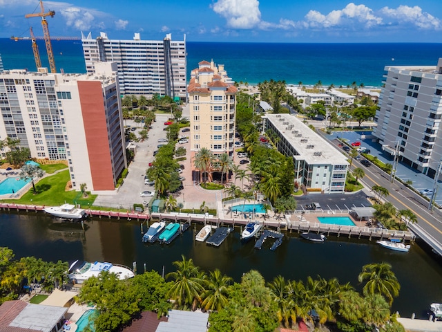 drone / aerial view featuring a water view