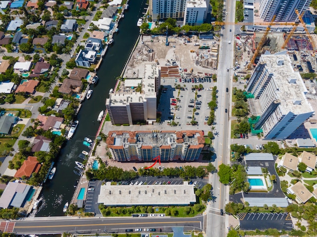 drone / aerial view with a water view