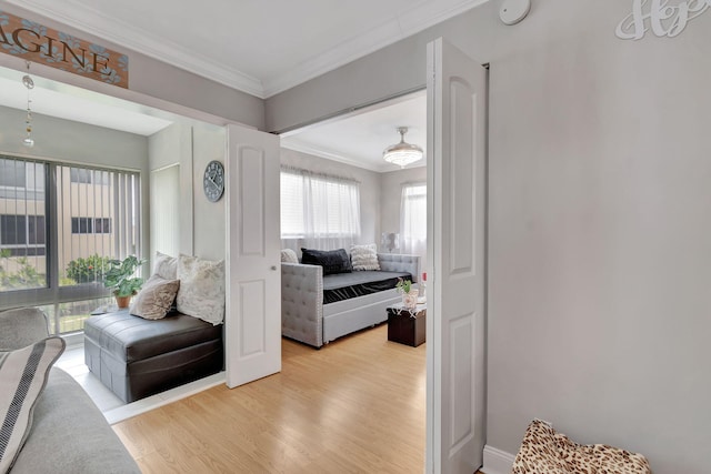 interior space featuring light hardwood / wood-style floors and ornamental molding