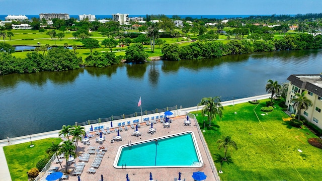 birds eye view of property featuring a water view