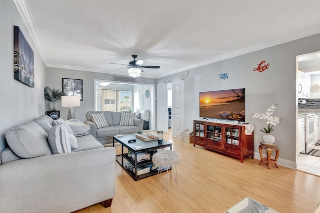 living room with ceiling fan, light hardwood / wood-style floors, and crown molding