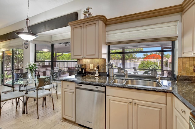 kitchen with decorative light fixtures, stainless steel dishwasher, plenty of natural light, and sink