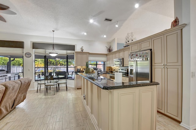 kitchen with hanging light fixtures, light wood-type flooring, a textured ceiling, an island with sink, and appliances with stainless steel finishes