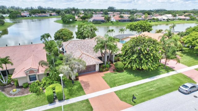 aerial view featuring a water view