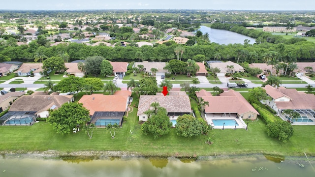 aerial view featuring a water view