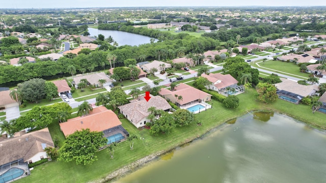 aerial view featuring a water view