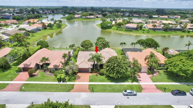 bird's eye view with a water view