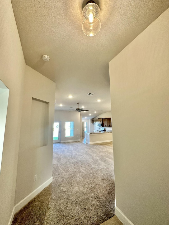 hall with carpet, a textured ceiling, and vaulted ceiling