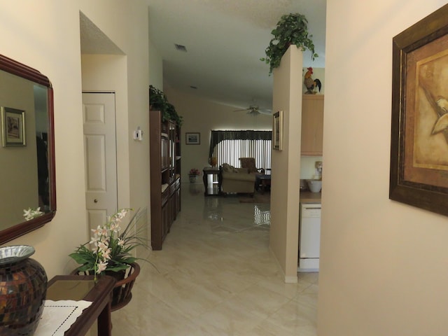 hallway with lofted ceiling