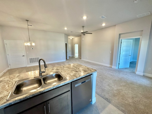 kitchen featuring ceiling fan with notable chandelier, light colored carpet, sink, dishwasher, and hanging light fixtures