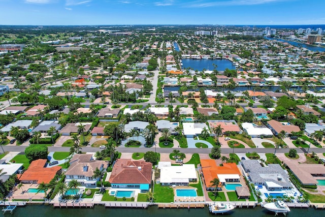 drone / aerial view featuring a water view