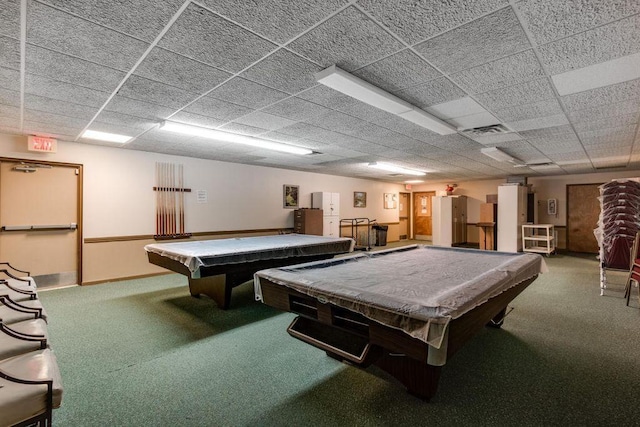 rec room with a drop ceiling, carpet floors, and pool table