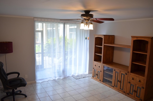 tiled living room with ceiling fan and ornamental molding