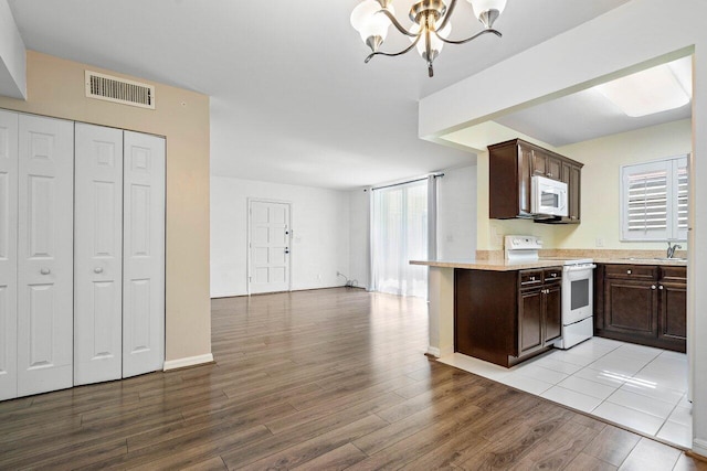 kitchen with dark brown cabinetry, plenty of natural light, white appliances, and light wood-type flooring