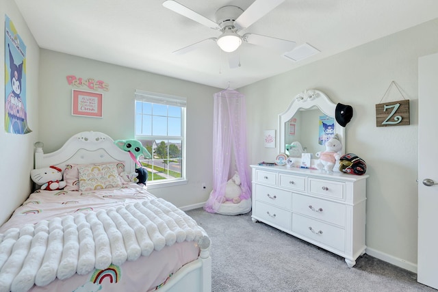 bedroom with light carpet and ceiling fan