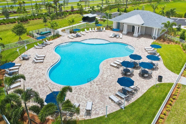 view of swimming pool with a patio area and a yard