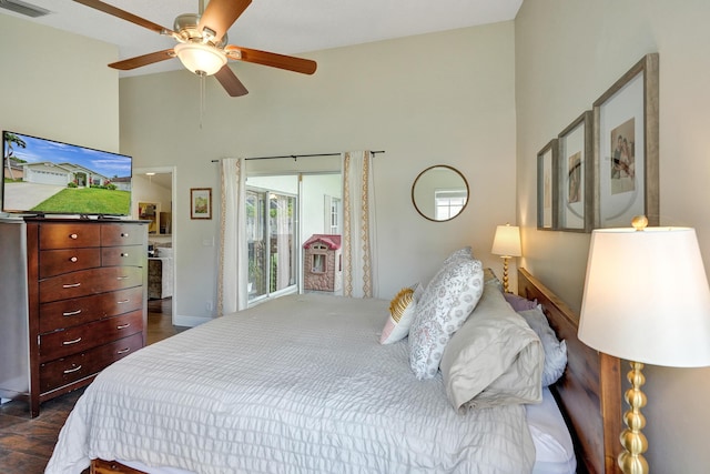 bedroom with visible vents, high vaulted ceiling, and ceiling fan