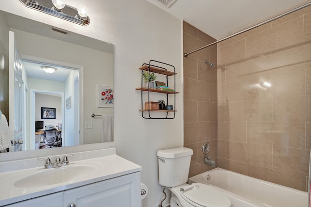 full bathroom with visible vents, vanity, bathtub / shower combination, and toilet