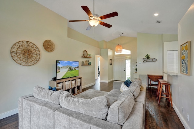 living area featuring baseboards, visible vents, a ceiling fan, dark wood-style floors, and recessed lighting