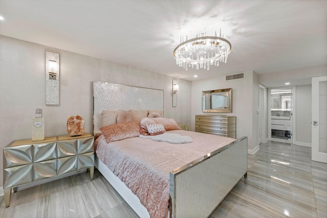 bedroom with access to outside and an inviting chandelier