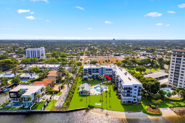 drone / aerial view featuring a water view