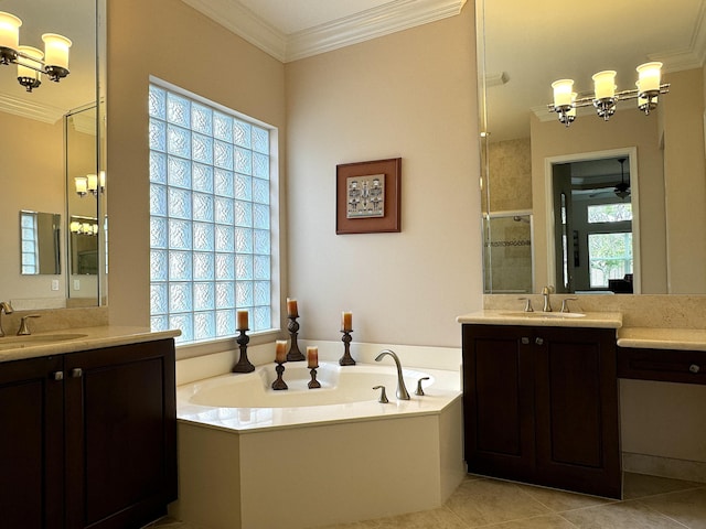 bathroom featuring tile patterned floors, plus walk in shower, crown molding, and a wealth of natural light