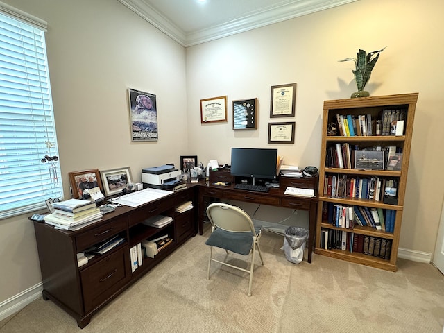 carpeted office with ornamental molding