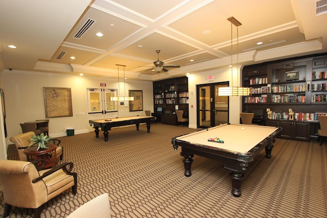 rec room with carpet, french doors, coffered ceiling, and billiards