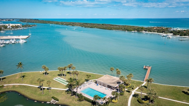 drone / aerial view featuring a water view