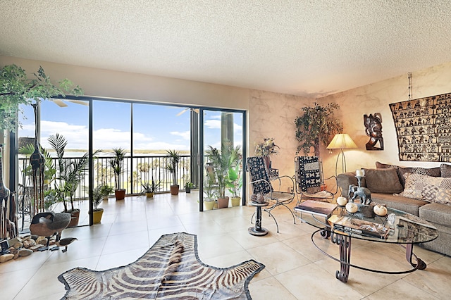 tiled living room with a textured ceiling